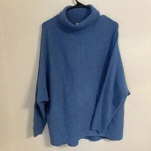 Women's Blue Ribbed Knit Poncho Sweater Cowl Neck Oversized Dolman Sleeve XS
